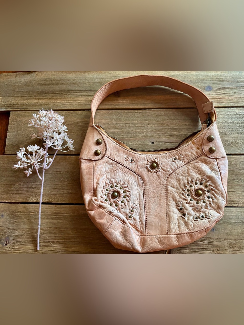 Silence + Noise Soft Blush Leather Shoulder Bag with Stud Embellishments